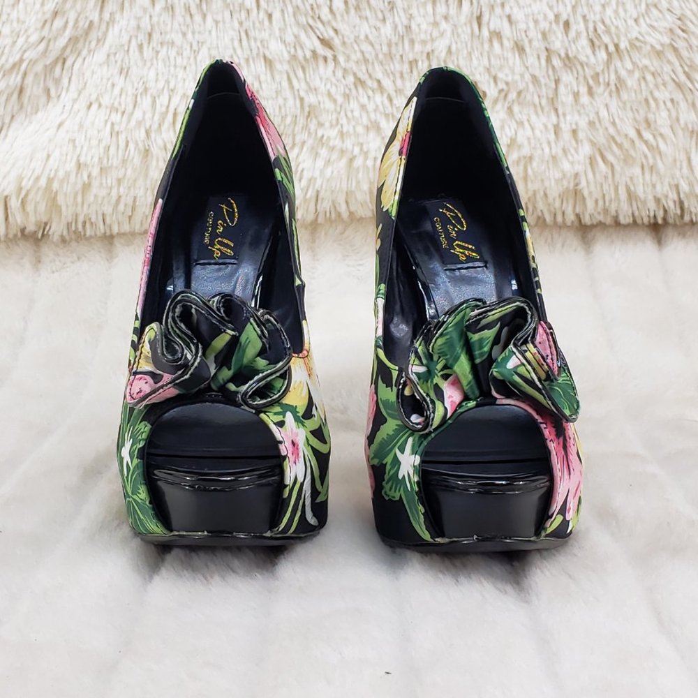 Tropical Floral Open Toe Ruffle Detail Platform Pumps Shoes - Picture 10 of 14